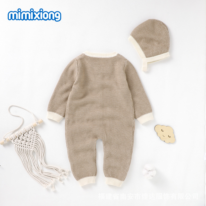 ins秋季新款嬰兒連體衣前開扣針織連體衣保暖帽新生兒棉線爬服