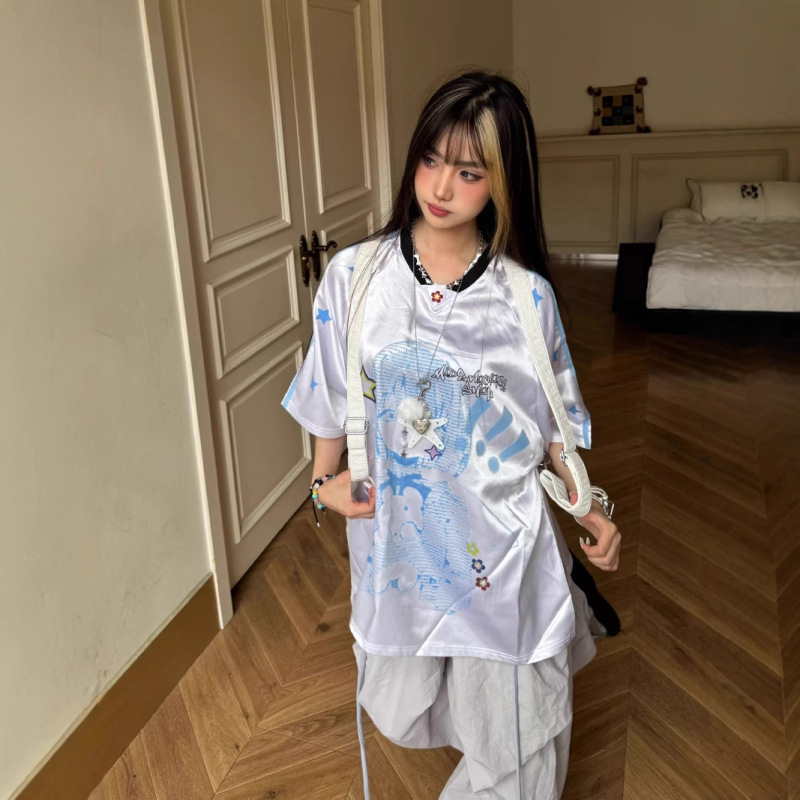 アメリカン漫画ガールジャージ半袖レディース夏y2kプリントルーズtシャツスプライシングvネックカジュアルニッチトップ|undefined