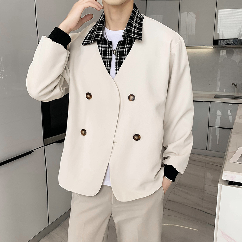 Korean Boyfriend Style Outfit, Light and Mature Style Pattern Stitching Fake Two-Piece Jacket, Men's Elegant Double-Breasted Small Suit