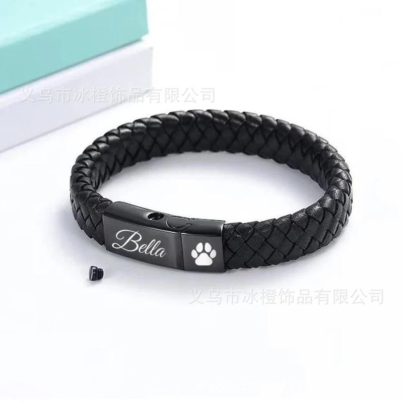 European and American Cross-Border Leather Stainless Steel Urn Bracelet with Engraving Dog Paw Fingerprint Niche Jewelry Openable Bracelet