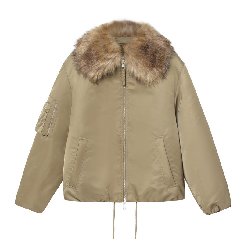 2026 Spring New Style Personalized Street Style Faux Fur Effect Lapel Bomber Jacket Cotton Coat 391824