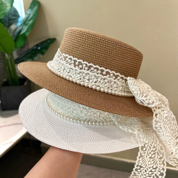 Women's Japanese Style All-match Lace Strap Bow Flat Top Straw Hat Summer Travel Sunshade Sunscreen Top Hat Casual Women's Japanese Style All-match Lace Strap Bow Flat Top Straw Hat Summer Travel Sunshade Sunscreen Top Hat Casual
