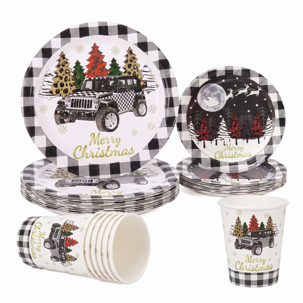 Black and white checkered off-road vehicle Christmas paper plate and cup set, leopard-print Christmas tree, American-style party disposable tableware