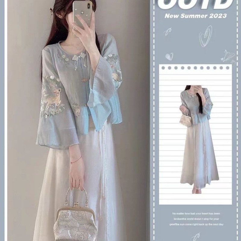 New Chinese Style National Style Ancient Coat Hanfu Tea Art Women's Tang Suit Improved Embroidered Top Shirt dress Summer Two-piece Set