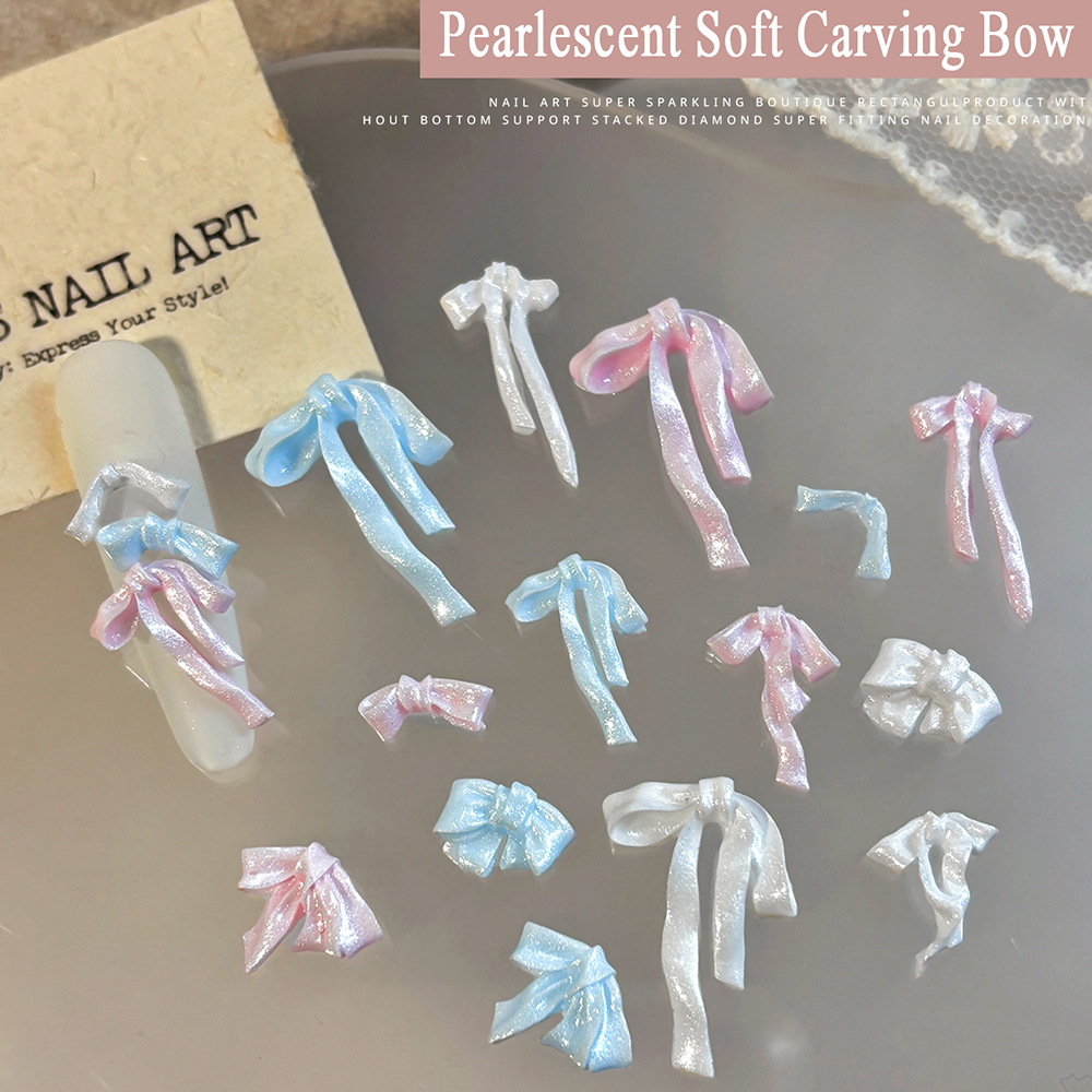 Trendy Soft Sculpted Bow Nail Art Decorations with Pearlescent Sweet Satin 3D Bow Ribbon Nail Decorations