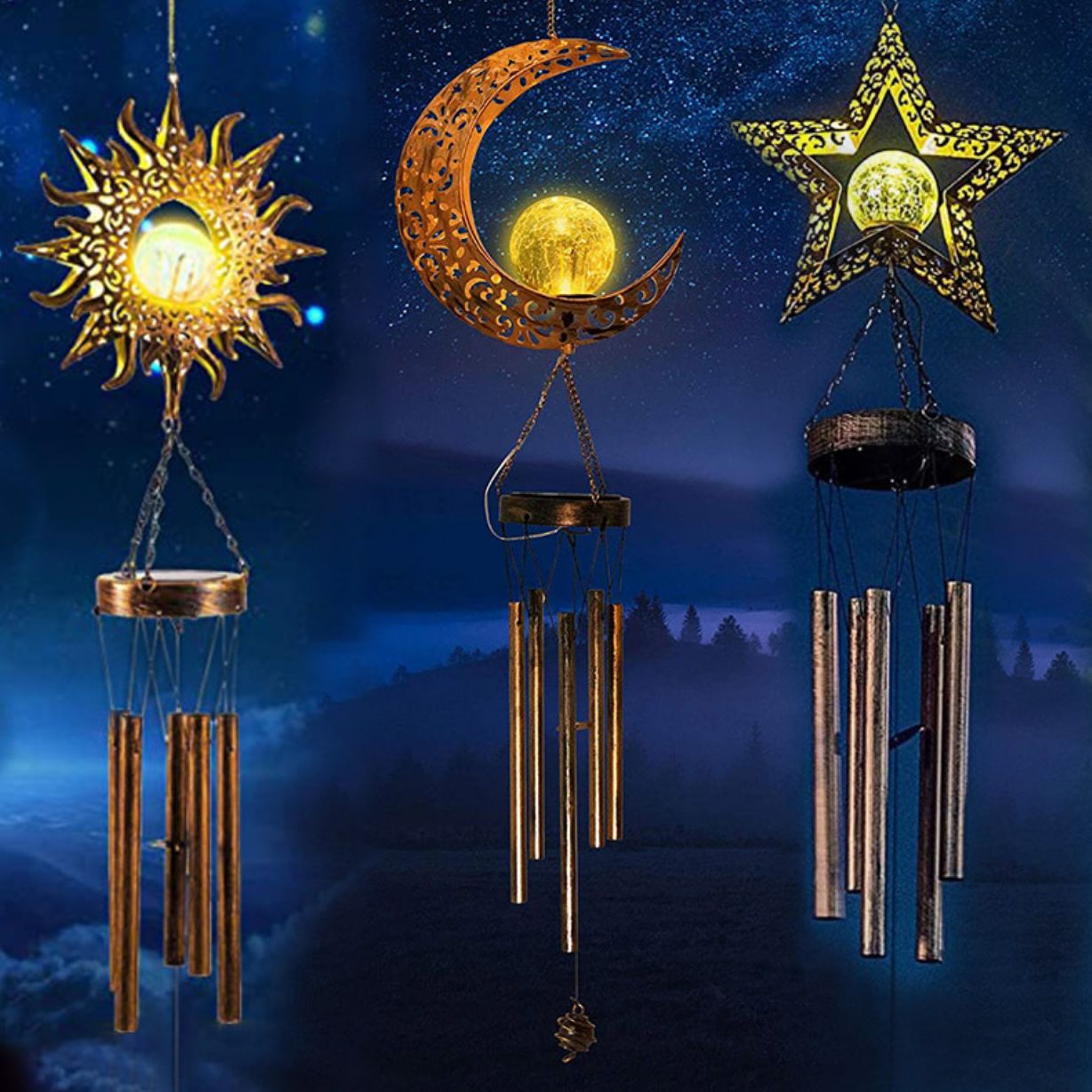 Transfronterizo al aire libre mariposa solar carillón de viento lámpara de hierro hueco Luna patio al aire libre tubo de aluminio decorativo carillón de viento lámpara