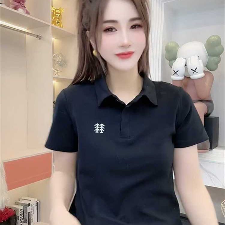 大きいサイズのヨーロッパ刺繍文字ポロ襟半袖Tシャツ女性用2025夏新作ゆったり痩身トップス|undefined