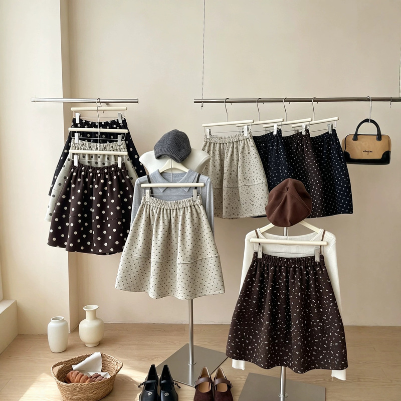 Retro Miu-style polka dot floral tweed balloon skirt, short to mid-length, for women, autumn, hip-covering, lantern-style, pumpkin-shaped half skirt