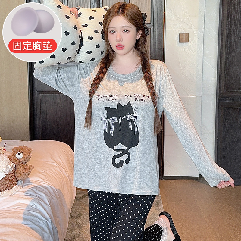 Autumn and Winter Women's Modal Pajamas with Breast Pad Set Women's Bra-Free Women's Korean Style Home Wear Long-Sleeved Pants