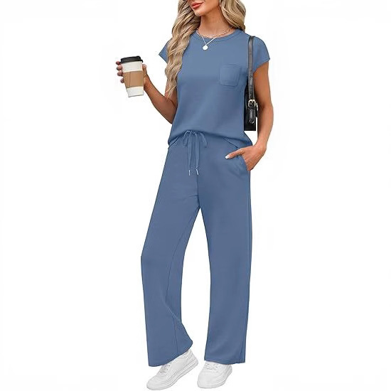 Amazon's New Solid Color Casual Loose Round Neck Pocket Short-Sleeved Top Elastic Waist Wide-Leg Trousers Women's Suit Amazon's New Solid Color Casual Loose Round Neck Pocket Short-Sleeved Top Elastic Waist Wide-Leg Trousers Women's Suit