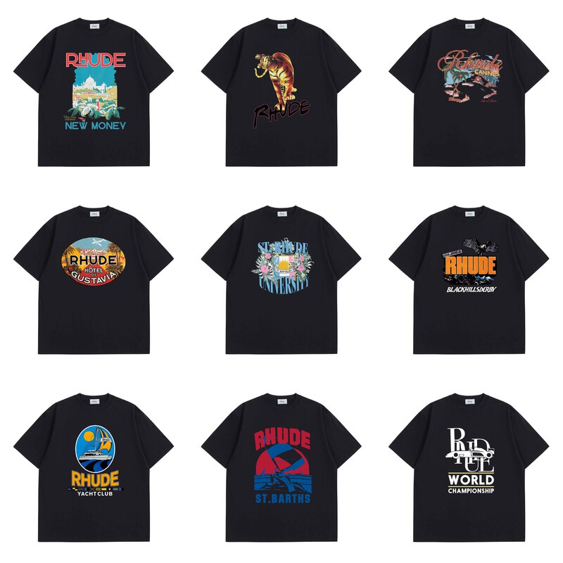 Cross-border American niche trendy brand short-sleeve RHUDE series street style loose casual 280g pure cotton heavyweight t-shirt for men and women