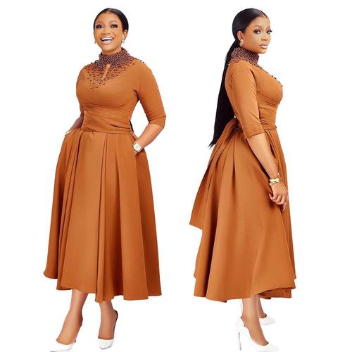 Cross-border women's African elegant side-inserted wide belt pocket design dress with stand-up collar and same-color front and back bead embellishment