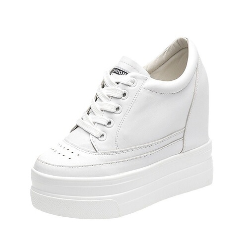 2024 spring and autumn shoes breathable inner height increasing women's shoes 11cm hollow small leather shoes thick sole casual shoes small black shoes for women