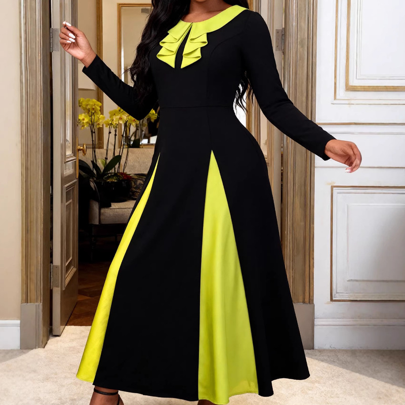 Elegant Color-Blocked Long-Sleeve Dress with Ruffled Collar, Vintage Church-Style Waist-Cinching A-Line Gown Dresses