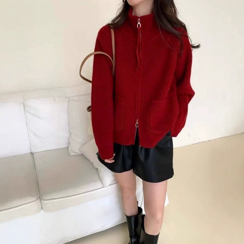针织开衫女2025春秋新款韩版圆领显瘦纯色双拉链短款小个子外套|undefined