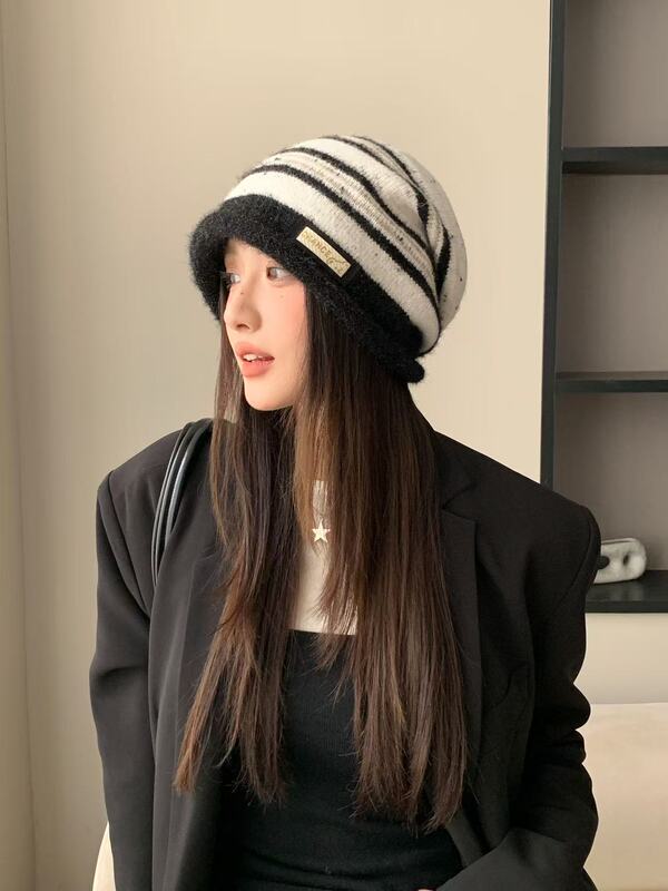 秋冬新款堆堆帽冷帽女护耳保暖包头帽子女士时尚条纹针织毛线帽潮|undefined