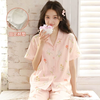 睡衣女夏季胸垫款纯棉棉纱简约休闲短袖长裤可外穿家居服套装69