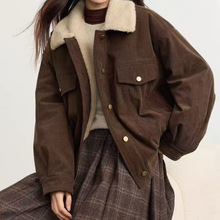 韩国东大门女装立领加绒外套复古灯芯绒外套仿羊羔毛保暖工装上衣