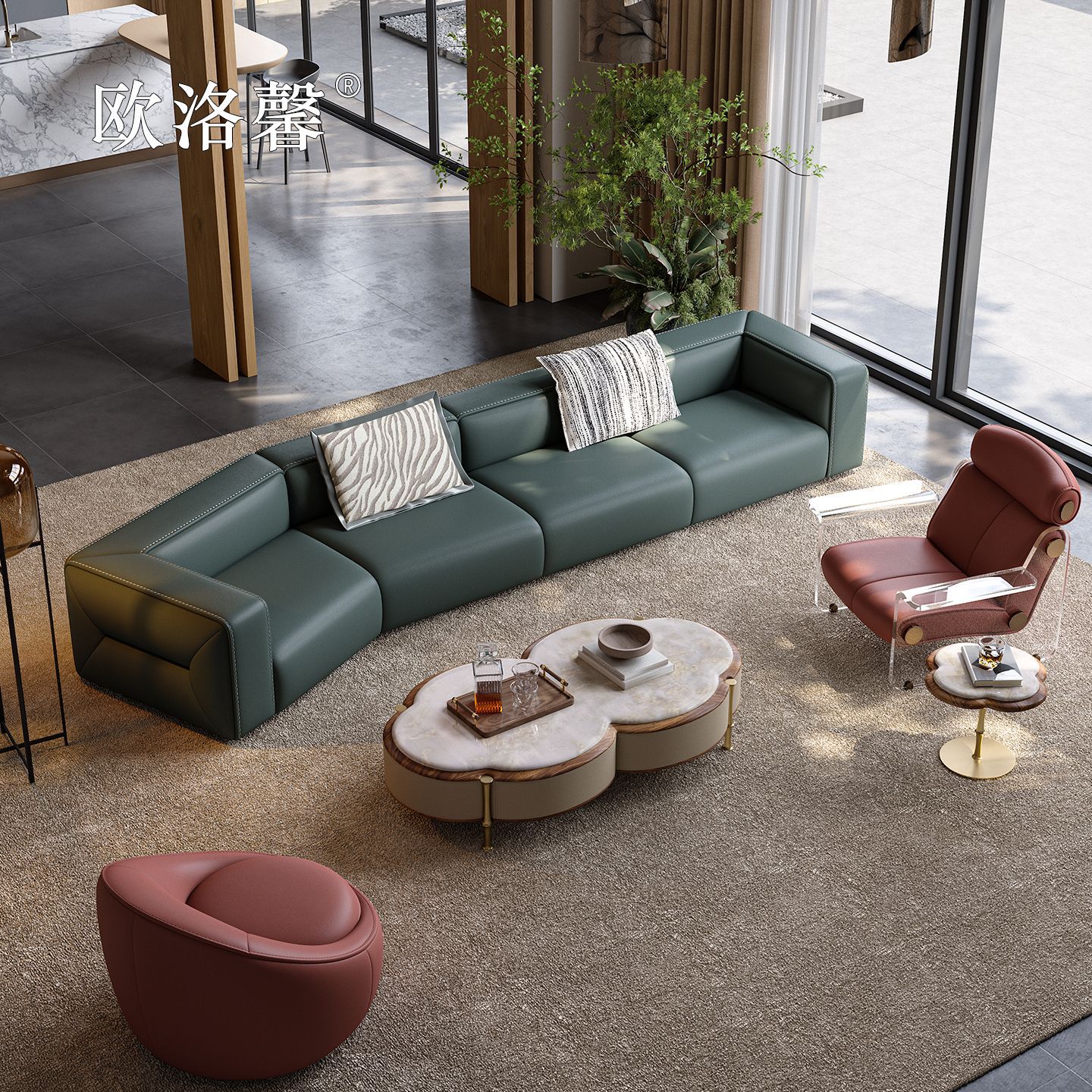 Luxurious Italian-Style Full Green Leather Sofa, Top-Layer Cowhide, Irregular Straight-Row Design, Suitable for Villas and Various-Sized Apartments, Designer High-End Full-House Customization