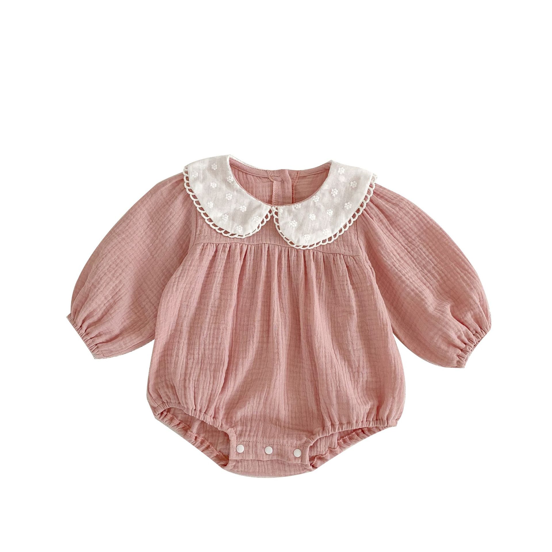 2024 primavera bebé niña mono simple color sólido manga larga vaina todo partido muñeca collar triángulo mameluco