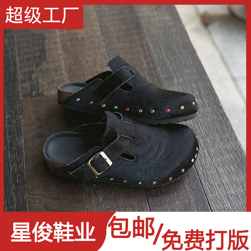 Designer New Product~Handmade Studded Rhinestone Birkenstock-Style Shoes for Women 2025 New Retro Outdoor Slip-On Slippers
