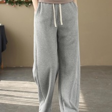 外贸专柜品牌尾货女秋冬加厚内里加绒纯色侧口袋拼接抽绳休闲长裤