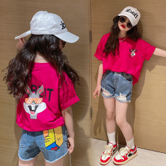 Girls' Summer T-Shirt 2023 New Children's Fashion Medium Long Sleeve Short Sleeve Top Little Girls' Half Sleeve Base Shirt