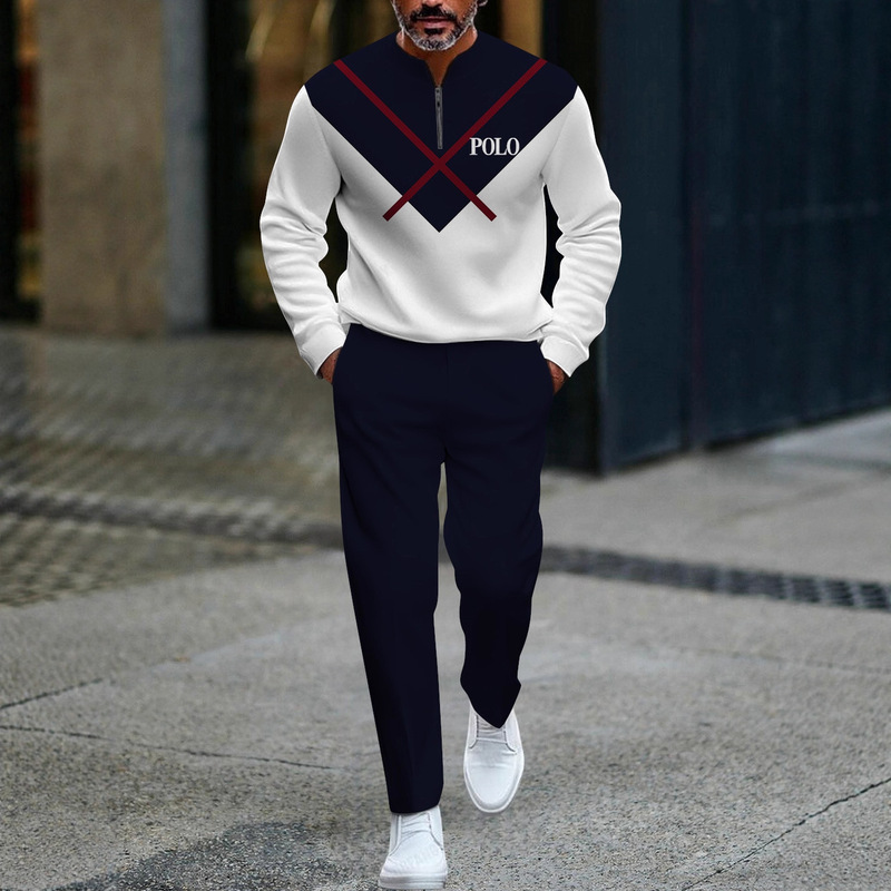 Cross-Border Temu European and American New Style Half-Zip Pullover Elegant Men's Polo Sportswear Set