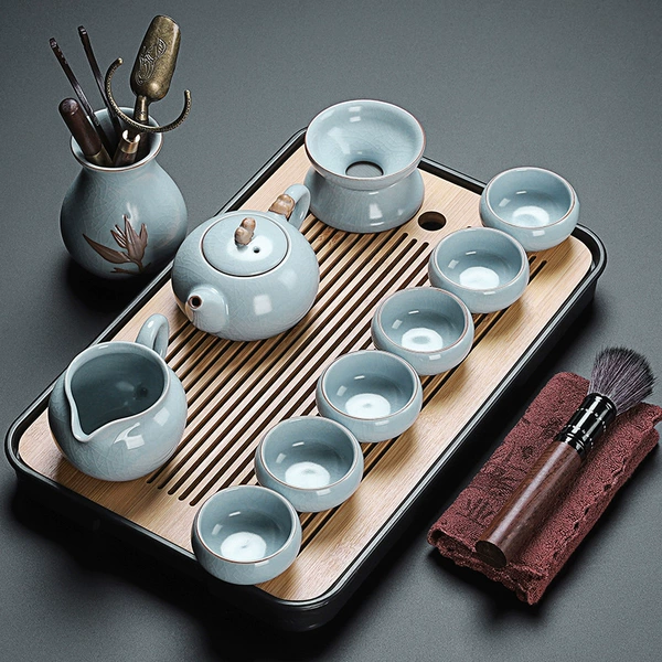 ZH-599 Ru Kiln's hometown of auspicious pot 10 sets+rectangular black tea tray