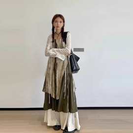 【广州质量】扎染风假两件吊带长裙女夏季新款设计感宽松显瘦连衣
