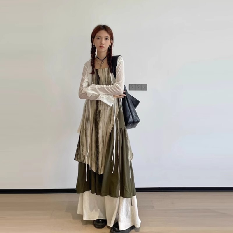 [Guangzhou Quality] Tie-dye Wind Fake Two-piece Strap Long Dress Women's Summer New Design Sense Loose Slim Dress