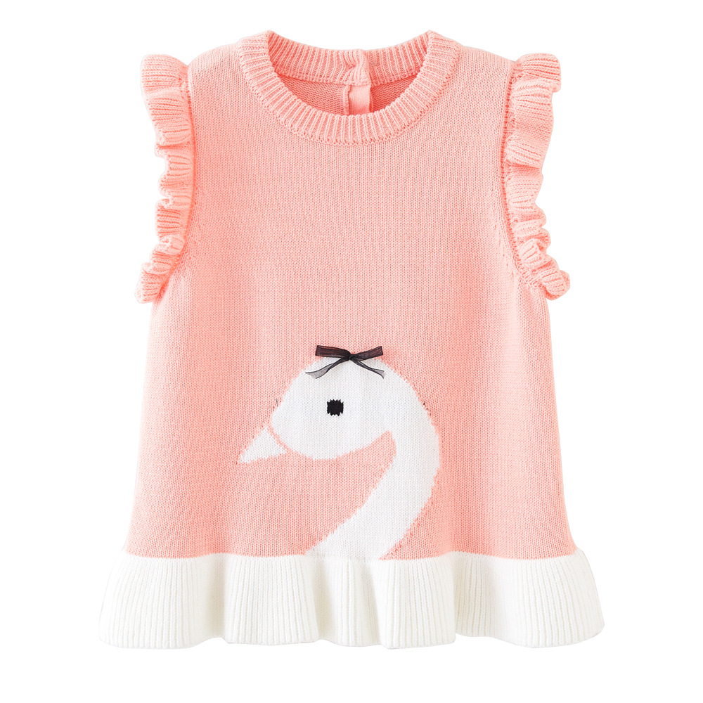 Cuello redondo Chaleco de punto de algodón puro Cisne jacquard suéter de las niñas chaleco falda de lana del todo fósforo superior al por mayor