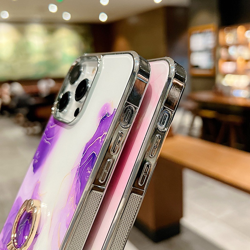 Phone Case For Iphone 15 Pro Max Marble Electroplated Ring Holder_voghion.com