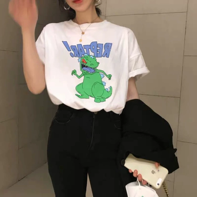 2025 Новый корейский черный мультяшный принт с круглым вырезом с короткими рукавами футболка женская дикая тонкая топ