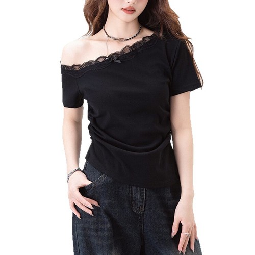 Ins Pure Desire Sexy One-Shoulder Lace Revealing Short-Sleeve T-Shirt Summer Slimming Bodysuit Short-Sleeve Top for Women