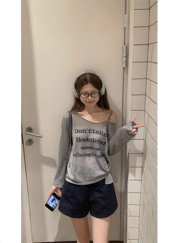 【自家工厂现货】慵懒字母斜肩罩衫长袖T恤女夏甜美宽松百搭上衣|undefined