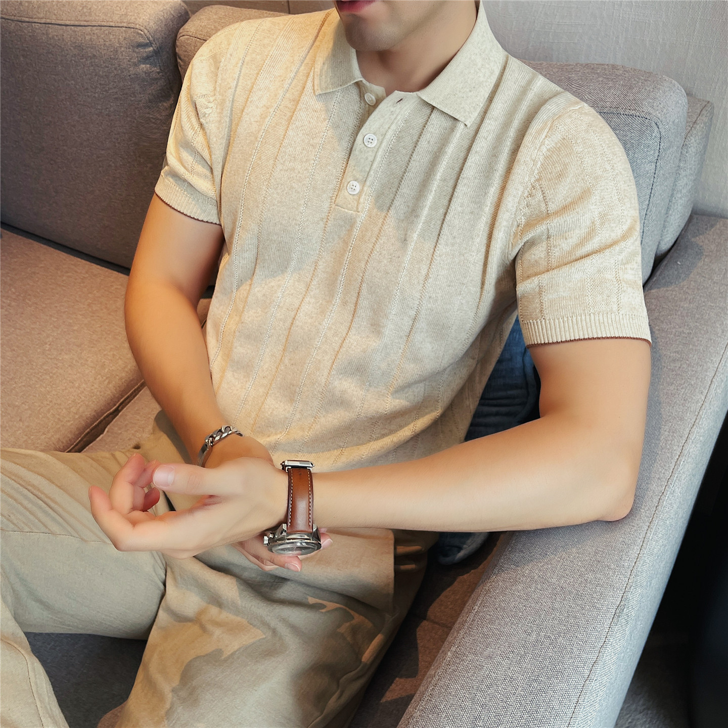 老钱风莱赛尔亚麻polo衫男亲肤透气条纹翻领撞色短袖t恤男上衣T恤