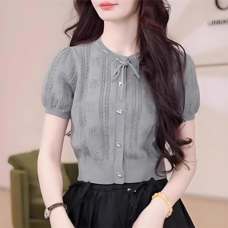 Gray Hollow-Out Bow Tie Knit Sweater Short-Sleeve Women's 2026 Summer New Unique and Beautiful Top for Petite Figures