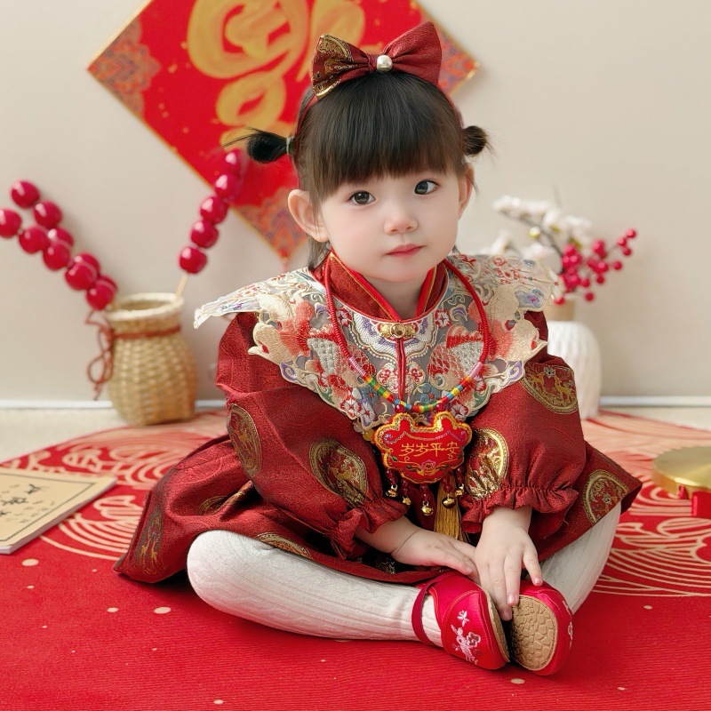 Autumn New Baby Girl's One-Year-Old Dress Red Festive Chinese-Style Birthday Party Dress Chinese-Style Birthday Party One-Year-Old Party Crown Dress