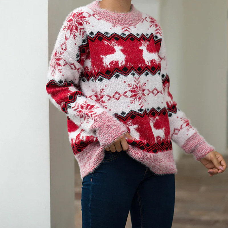 Pull de Noël douillet en maille jacquard à motif cerf, coupe ample, col rond, style décontracté, en fil doux._voghion.com