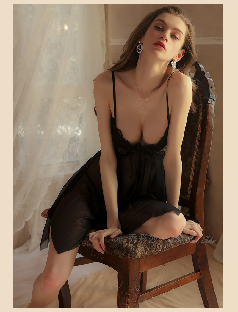 Lace Sheer Babydoll Nightdress with Steel Front Bracket and Split, Pink with Thong — detail image 14