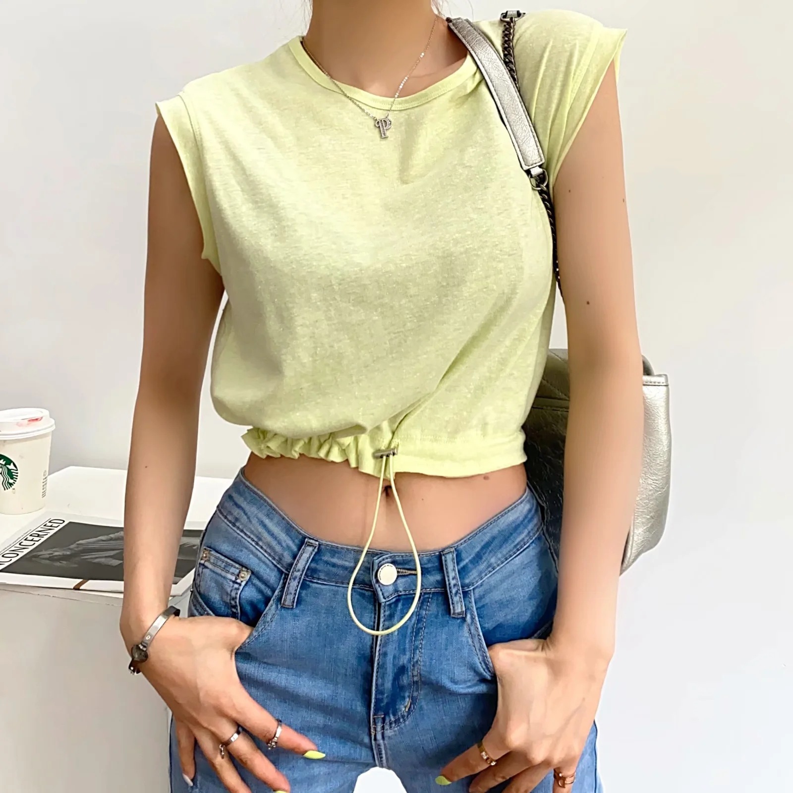 loose hem drawstring summer new high waist short sleeveless top NSAC53220