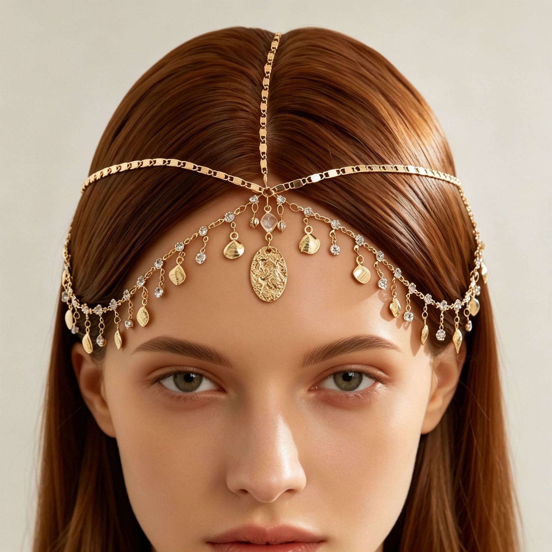 European and American cross-border exotic scallop multi-layer tassel hair accessory for women, geometric chain scallop forehead headband hair chain
