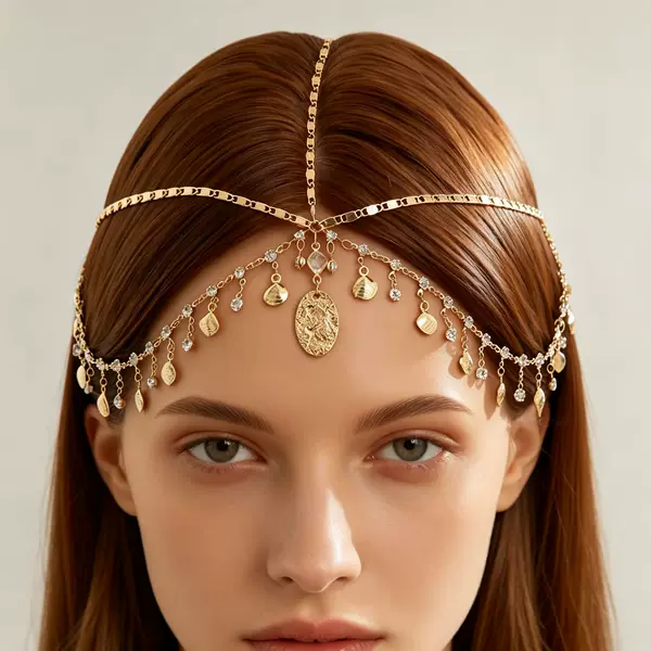 European and American cross-border exotic scallop multi-layer tassel hair accessory for women, geometric chain scallop forehead headband hair chain
