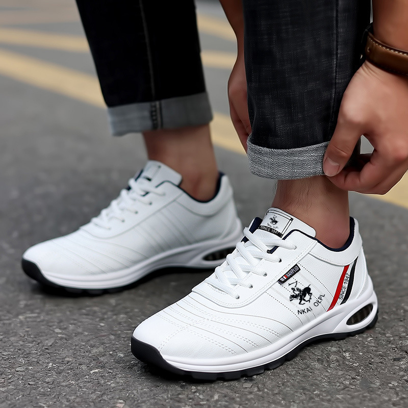 Soft-Soled Wear-Resistant Men's Shoes New Paul Trendy Leather-Covered White Shoes Korean Style Air-Cushion Running Shoes Lace-Up Sports Shoes for Men