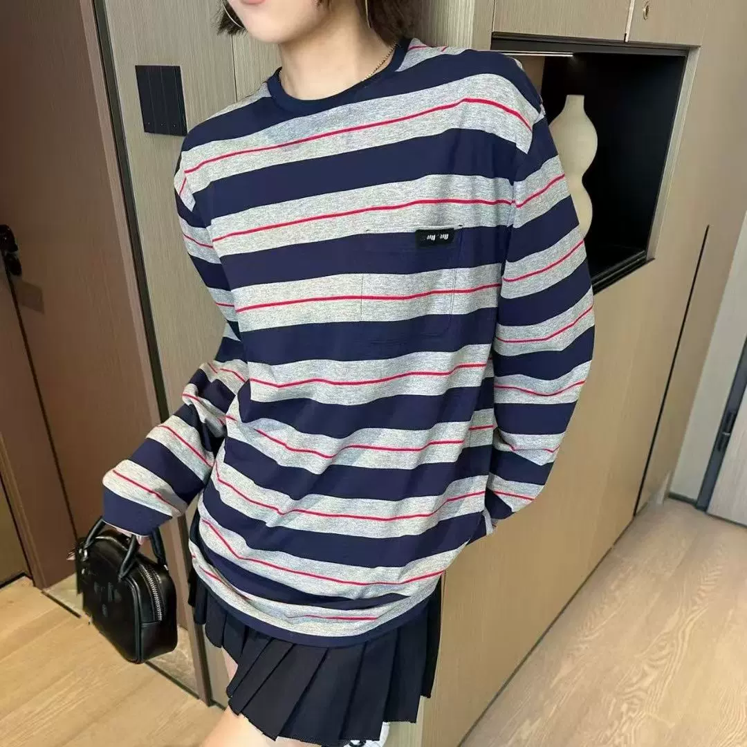 高现货版本2025早春新款MIU缪家网红新品棉质条纹圆领长袖T恤男女