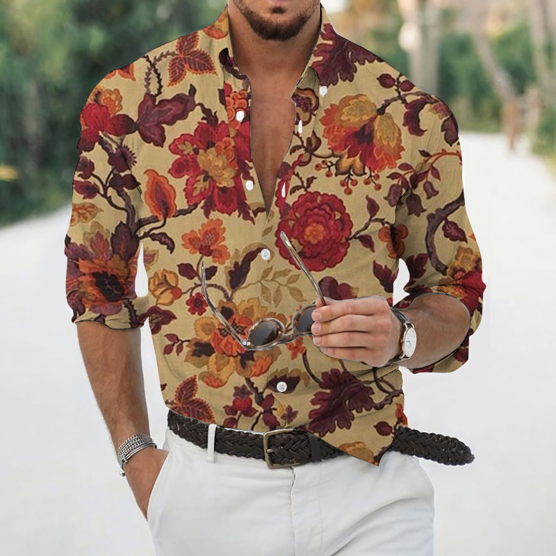 Transfronterizo 2025 primavera y otoño nuevo estilo de los hombres europeos y americanos más el tamaño de la camisa con estampado de plantas de rosas de manga larga