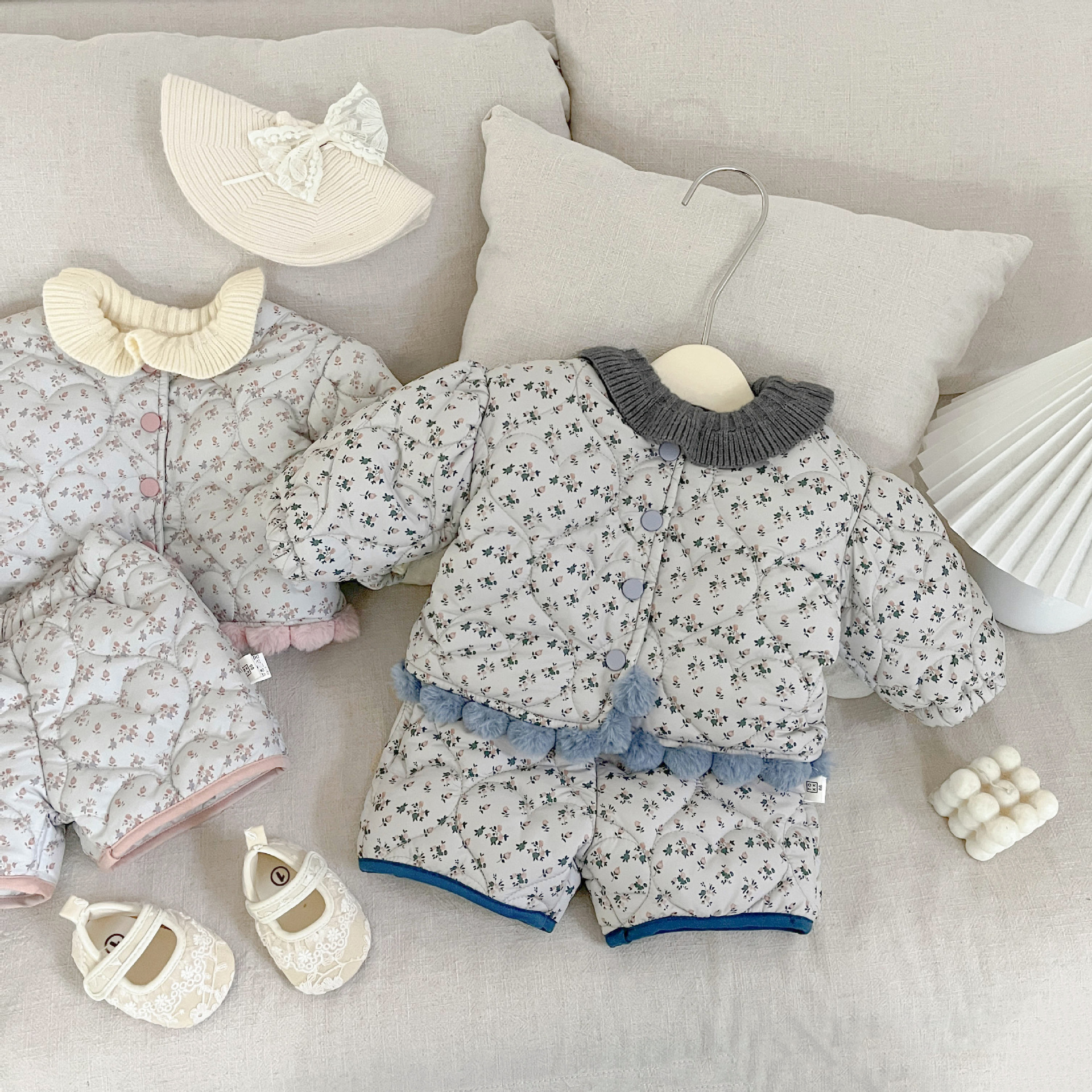 옷 겨울 새로운 꽃 두꺼운 최고 바지  가을 및 겨울 코튼 세트 서양식 따뜻한 코튼 코트