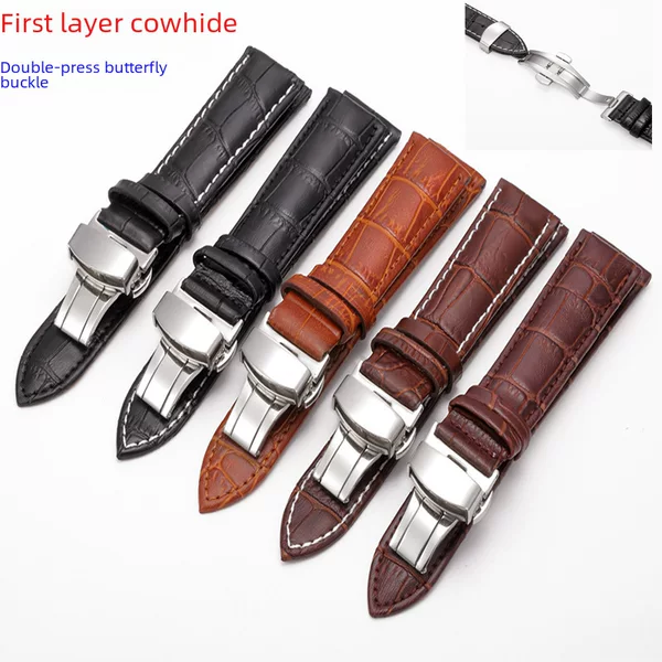 Factory direct leather strap double press automatic butterfly buckle bamboo leather men's and women's watch chain 12-24