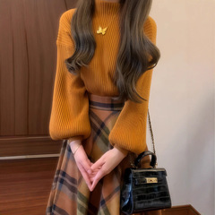 法式复古套装女春季新款温柔风气质针织毛衣搭配格纹半身裙两件套